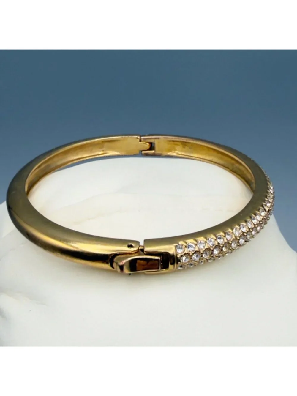 Vintage Gold Tone Pave Rhinestone Hinged Bangle Bracelet Modernist Classic